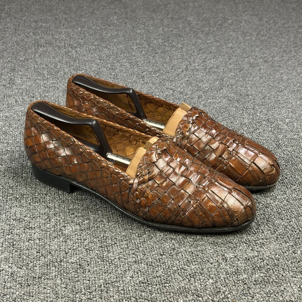 Moreschi Brown Woven Leather Loafers Mens 10 Handmade Italian Slip On Dress Shoe
